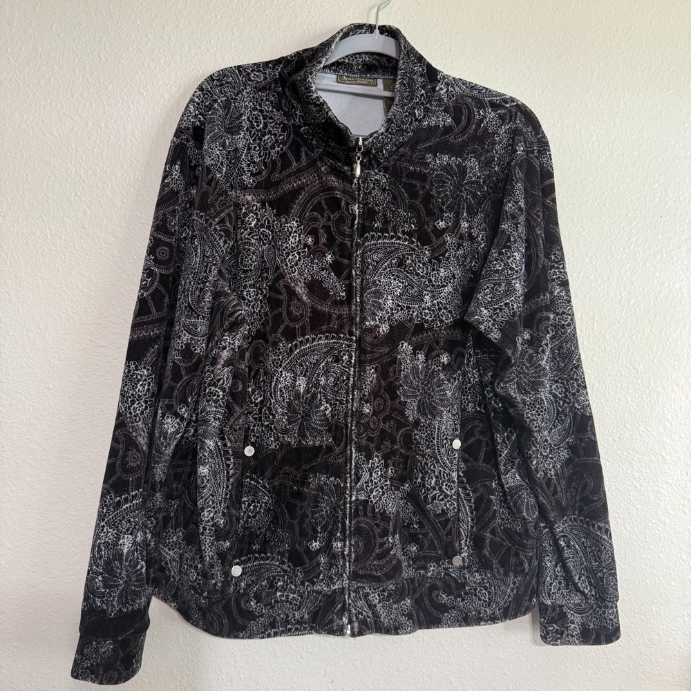 Jane Ashley Jacket Women's Large Black Paisley Long Sleeve Mock Neck Fleece Zip